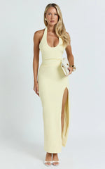 Ruby Maxi Dress - Halter Scoop Neck Low Back Bodycon Dress in Lemon