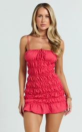 Aphrodite Mini Dress - Tie Front Gathered Dress in Red