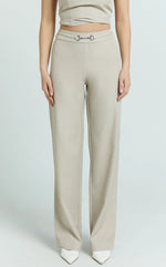 Charlize Pants - Stretch Slim Leg Front Buckle Pants in Stone
