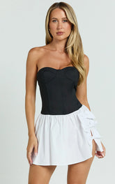 Adelita Mini Dress - Strapless Contrast Colour Bodice Gathered Poplin Skirt Dress in Black