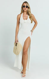 Nikola Midi Dress - Plunge Halter High Split Knit Dress in Cream