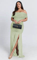 Alanna Maxi Dress - Off Shoulder Ruched Mesh Dress in Sage
