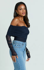 Jaythen Bodysuit - Long Sleeve Off Shoulder Ruched Mesh Bodysuit in Navy