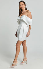 Demelza Mini Dress - V Bar Off Shoulder Satin Dress in Ivory