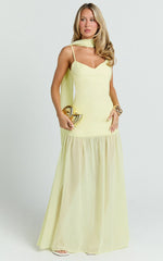 Calvin Maxi Dress - Linen Look Contrast Georgette Skirt with Neck Scarf in Lemon