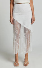 Carina Midi Skirt - Mid Waist Lace Asymmetrical Skirt in Ivory