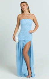 Georgina Maxi Dress - Sequin Strapless Front Split Dress in Blue
