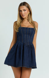 Hayes Mini Dress - Halter Neck Corset Bodice Dress in Dark Blue