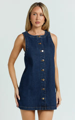 Leia Mini Dress - High Neck Mock Button Down Mini Dress in Dark Blue Wash