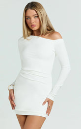 Nori Mini Dress - One Shoulder Long Sleeve Bodycon Dress in Off White