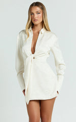Paola Mini Dress - Tie Front Collared Skirt Dress in Off White