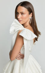 Roxanne Mini Dress - Shoulder Tie Plunge Ruffle Dress in White