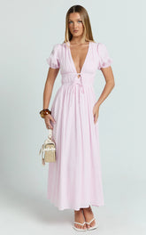 Matteo Midi Dress - Deep V Neck Puff Sleeve Dress in Pink