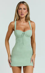Mikayla Mini Linen Blend Dress - Sweetheart Ruched Bust Fitted Dress in Sage