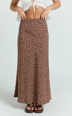 Ruby Maxi Skirt - High Waisted Bias Cut Skirt in Chocolate Polka Dot