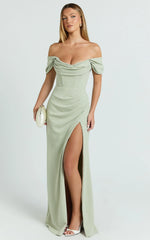 Marcel Maxi Dress - Off Shoulder Corset High Split Dress in Sage