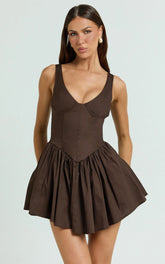 Ashlyn Mini Dress - Scoop Neck V Waist Gathered Dress in Chocolate