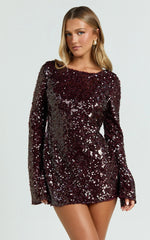 Bertina Mini Dress - Sequin Scoop Neck Low Back Dress in Wine