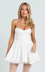 Charlize Mini Dress - Satin Sweetheart V Waist Fit And Flare Dress in White
