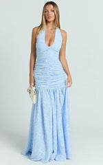 Bijou Maxi Dress - Embroidery Deep V Halter Ruched Dress in Ice Blue