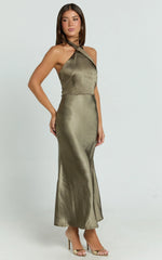 Rhianne Midi Dress - Twist Halter Neck Open Back Satin Dress in Olive