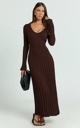 Astra Maxi Dress - V Neck Long Sleeve Knit Dress in Chocolate