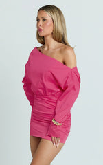 Ollie Mini Dress - Long Sleeve Exposed Shoulder Ruched Dress in Pink