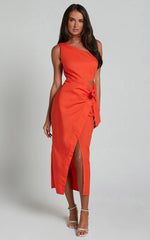 Rina Midi Dress - One Shoulder Side Cut Out Wrap Dress in Orange