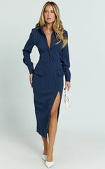 Ophelia Midi Dress - Collared Pinstripe Long Sleeve Fitted Dress in Navy