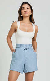 Delilah Shorts - High Waist Belted A Line Tweed Shorts in Blue