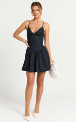 Betchie Mini Dress - Neck Strappy Drop Waist Gathered Skirt Denim Dress in Dark Raw Denim