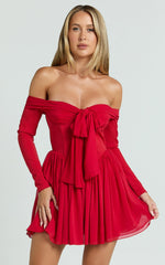 Bennett Mini Dress - Off Shoulder Long Sleeve V Waist Dress in Red