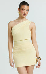 Finn Mini Dress - One Shoulder Gathered Bodice Dress in Lemon