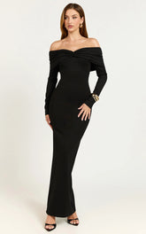 Rani Maxi Dress - Off Shoulder Long Sleeve Bodycon Dress in Black