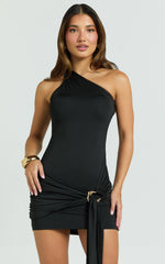 Lilian Mini Dress - One Shoulder Bodycon Dress with Hardware Detail in Black