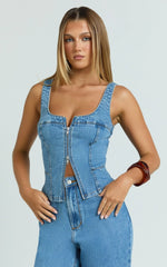 Bellerose Top - Front Zip Denim Fitted Top in Mid Blue