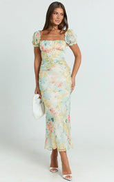 Debina Maxi Dress - Sweetheart Neckline Short Sleeve Dress in Yellow