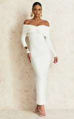 Rani Maxi Dress - Off Shoulder Long Sleeve Bodycon Dress in Off White