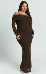 Bethanie Maxi Dress - Off The Shoulder Mesh Dress in Chocolate