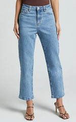Chandler Jeans - High Waisted Crop Straight Jeans in Mid Blue Wash