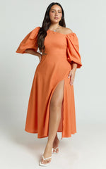 Rhyne Midi Dress - Asymmetric Puff Sleeve Side Cut Out A Line Dress in Papaya