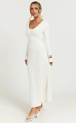 Astra Maxi Dress - V Neck Long Sleeve Knit Dress in White