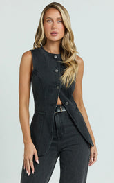 Rhianna Top - Button Down Longline Recycled Denim Vest Top in Black