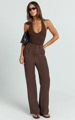 Melissa Pants - Pleat Front Wide Leg Tailored Pants in Chocolate