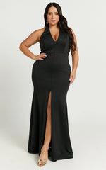 Moana Maxi Dress - Halter Plunge Front Split Dress in Black