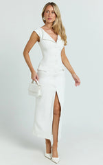 Calista Midi Dress - Boat Neck Button Down Pencil Dress in White