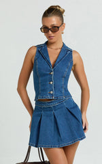 Nikita Mini Skirt - Mid Waisted Denim Box Pleat Skirt in Dark Blue Wash