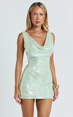 Elia Mini Dress - Wet Sequin Cowl Neck Dress in Mint
