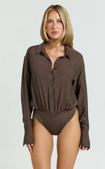Kimberly Bodysuit - Relaxed Shirt Bodysuit in Chocolate