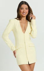 Cady Mini Dress - V Neck Hook And Eye Front Fitted Dress in Yellow